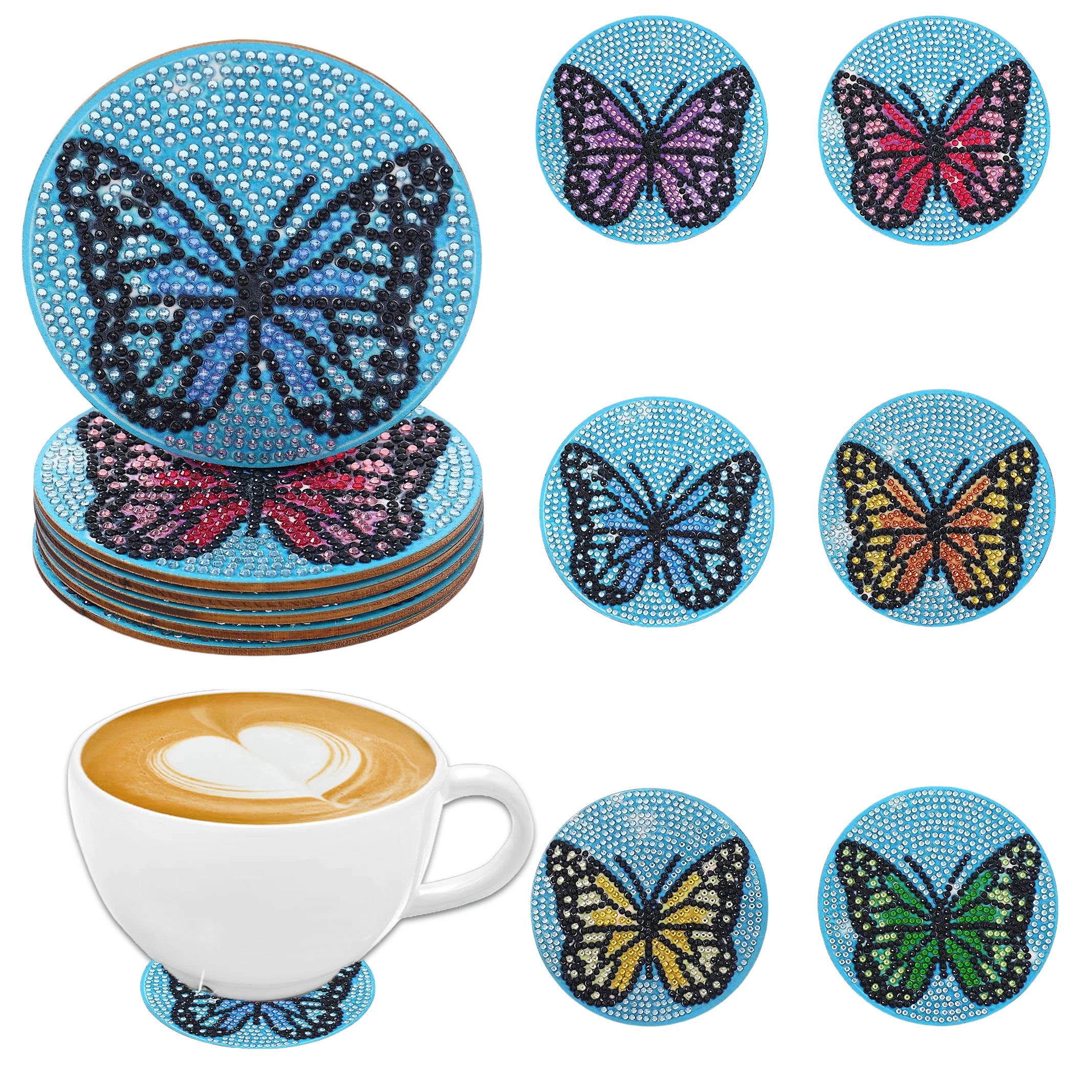 6-teiliges Set DIY-Untersetzer mit Schmetterlings-Diamant-Kunst ohne Getränkehalter, Holzuntersetzer für Wohnzimmer, Büro, Bar und Restaurant