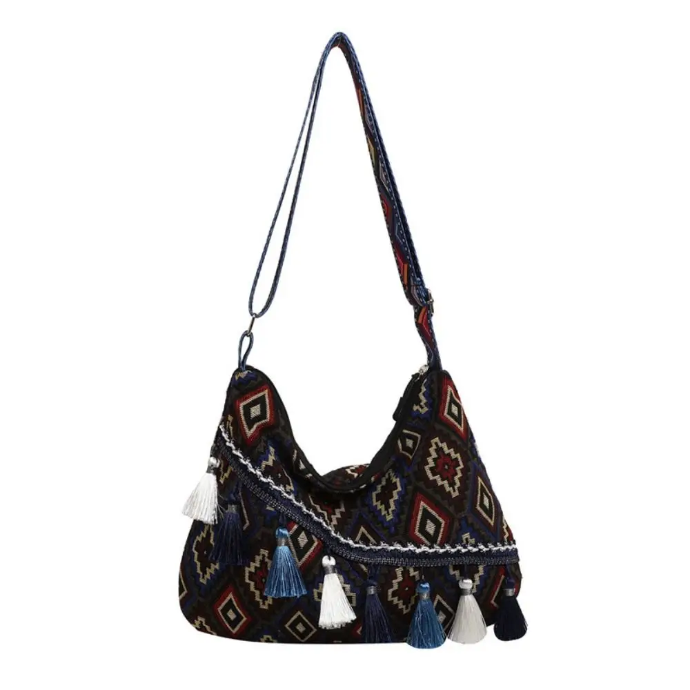 Tassel Ethnic Style Crossbody Bags Large Capacity Woven Bag Fringe Shoulder Bag Messenger Bag Geometric Bohemian Tote Bag Women