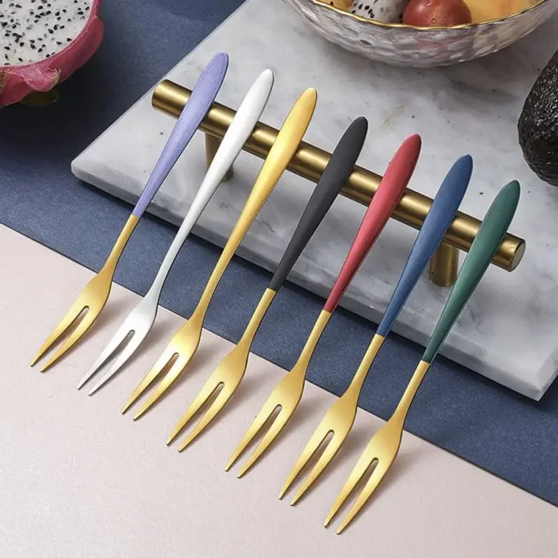 5Pcs Fruit Forks Stainless Steel Two-toothed Fork Cake Fork Appetizer Dessert Forks Salad Forks Household Kitchen Accessories #