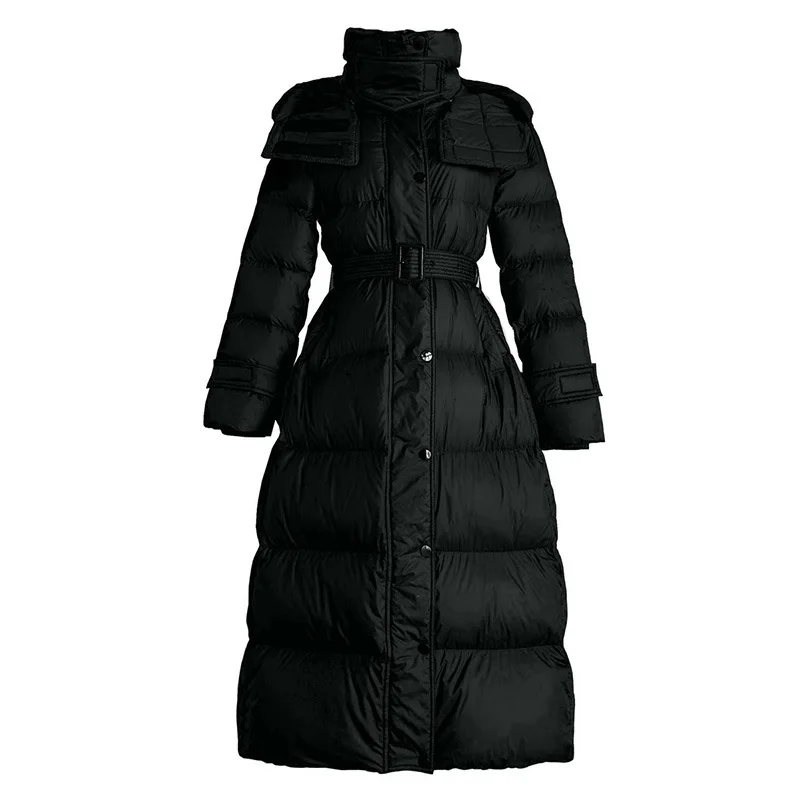 سترة شتوية طويلة رفيعة الخصر، معطف سميك أسود بقلنسوة، معاطف بينغهو النسائية الراقية 90% بطة بيضاء #3