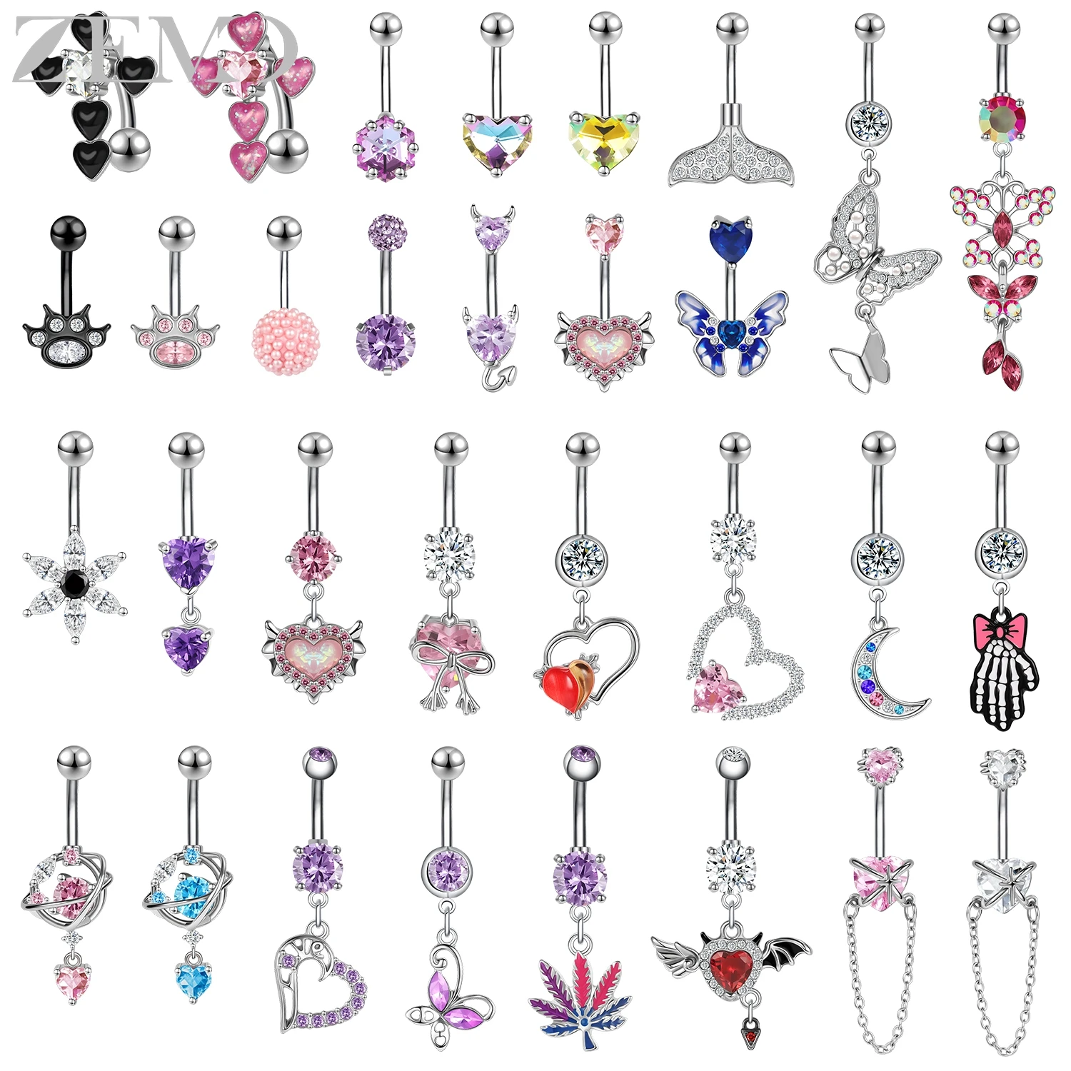 

ZEMO 1 PC Pretty Stainless Steel Belly Button Rings Women Girl Purple CZ Crystal Navel Ring Butterfly Belly Piercing Jewelry 14G