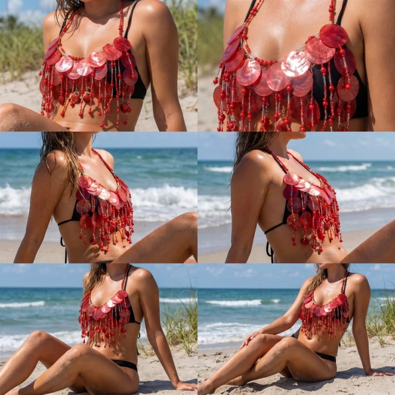 Damen Boho Muschel-Scheiben Neckholder-Körperkette Top mit Perlen und Quasten, Körpergeschirr, Crop-Top, Körperschmuck für Strand, Festival, Rave-Party, Kostüm-Tanktop – Detail 1