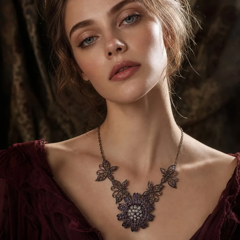 Retro Dark Gothic Style Necklace Dark Mature Colored Diamond Flower-shaped Jewelry 0370