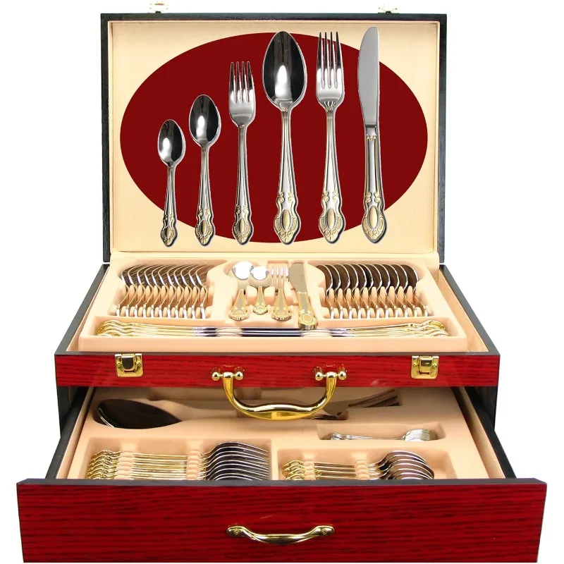 Storage Case 24K Gold Premium Dining Cutlery Service - 18/10 Surgical Stainless Steel Silverware Hostess Serving Set in a Chest