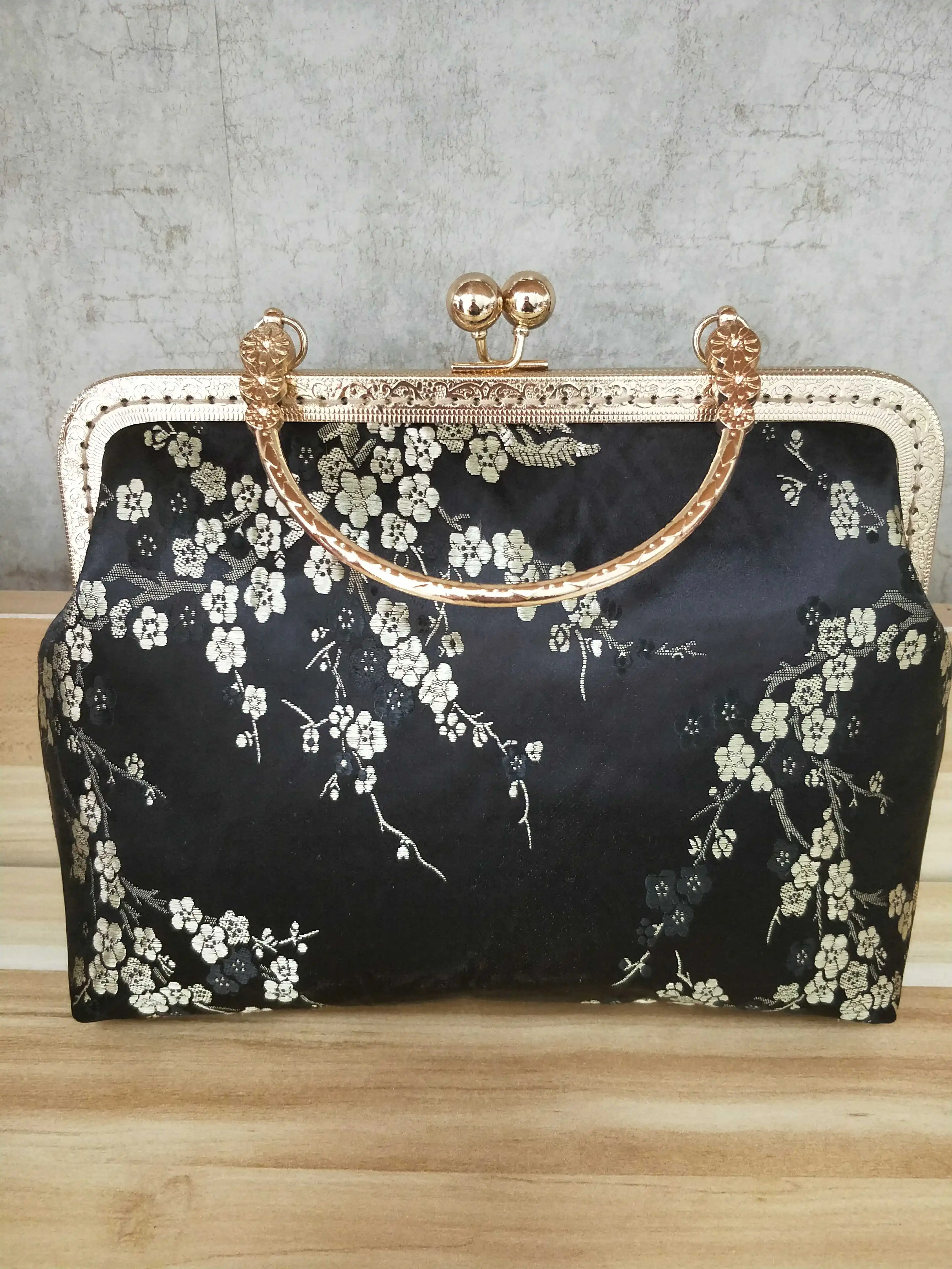 Lost in Vintage Bridal Clutch Purse Made From Mermaid Feathers Brocade Fabric Gold Frame Pearl Kiss Lock Clasp Formal Party