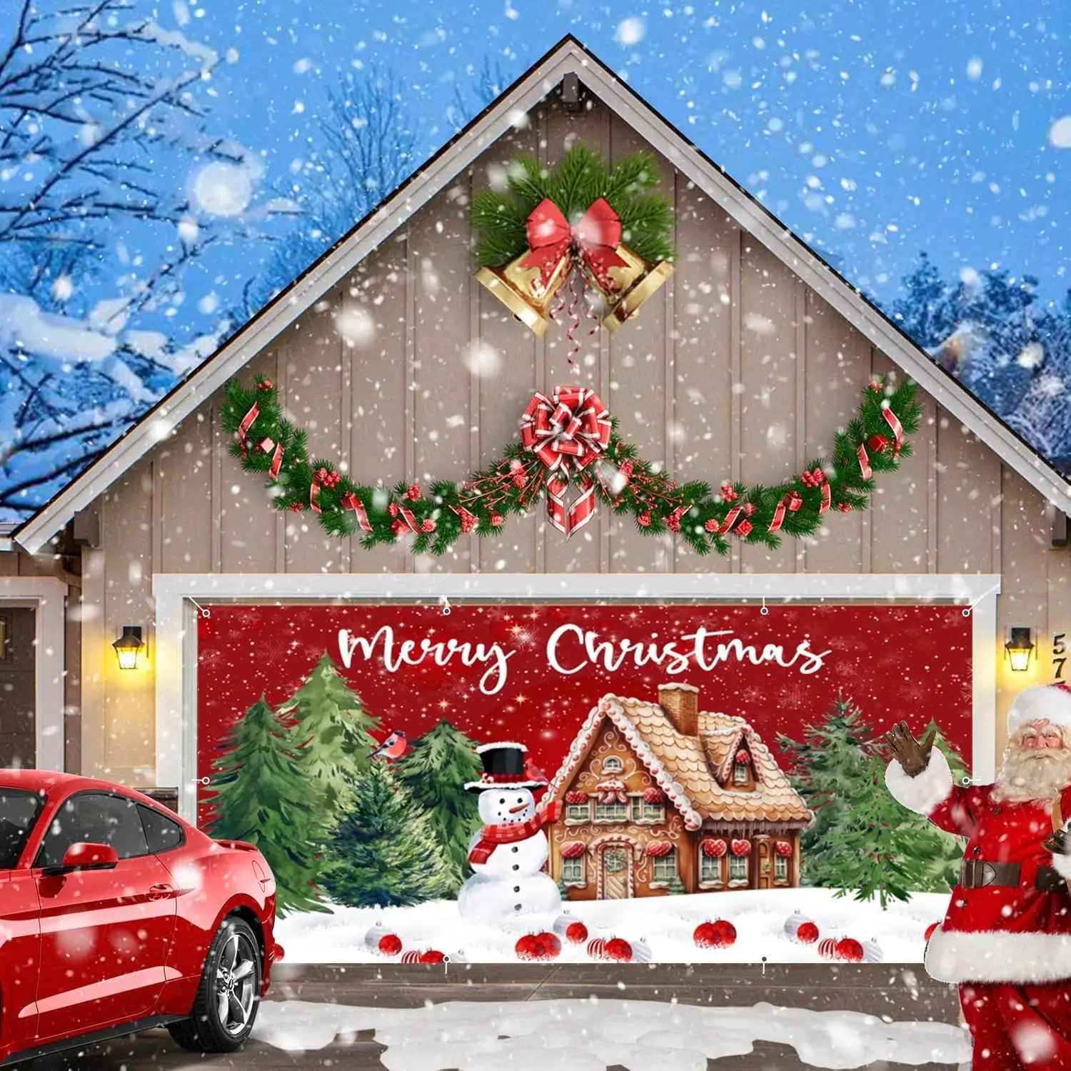 

Christmas Garage Door Banner Winter Snowman Gingerbread House Backdrop Christmas Decoration Indoor Outdoor Xmas Party Background