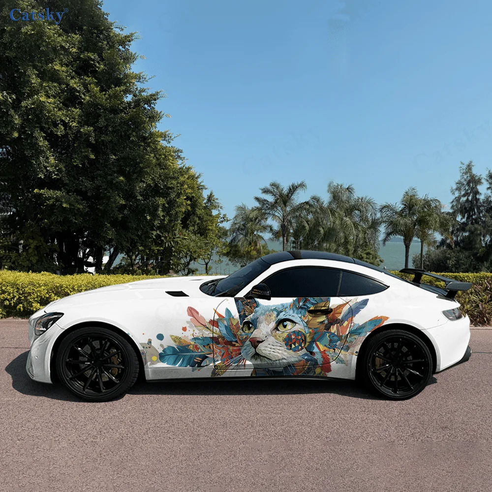 

Cat Colorful Feathers Car Vinyl Wraps Decal Self-adhesive PVC Sticker Suitable for Trucks SUV Decoration Auto Accessories Gift