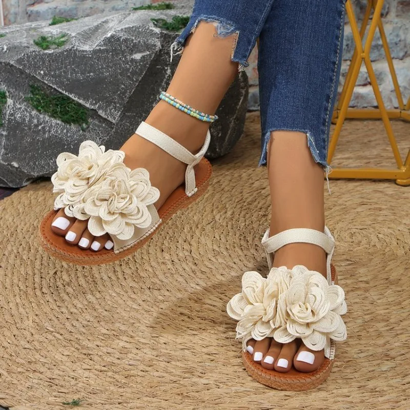 

Women's White Floral Flat Sandals Elastic Ankle Strap Open Toe Summer Beach Casual Shoes Ladies Comfort