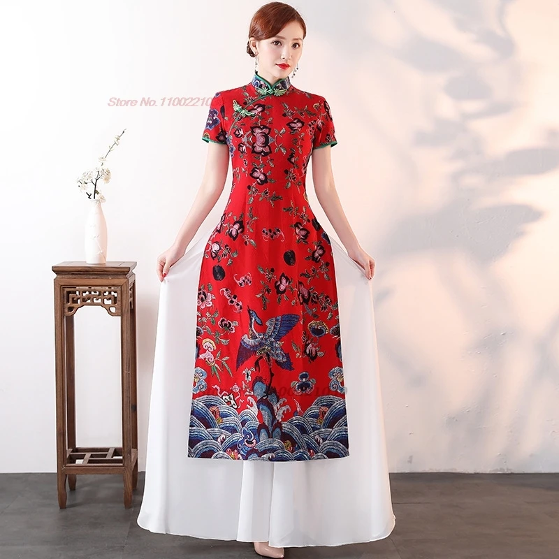 

2025 vietnam traditional dress aodai chinese improved qipao flower print cheongsam a-line dress banquet evening dress vestido