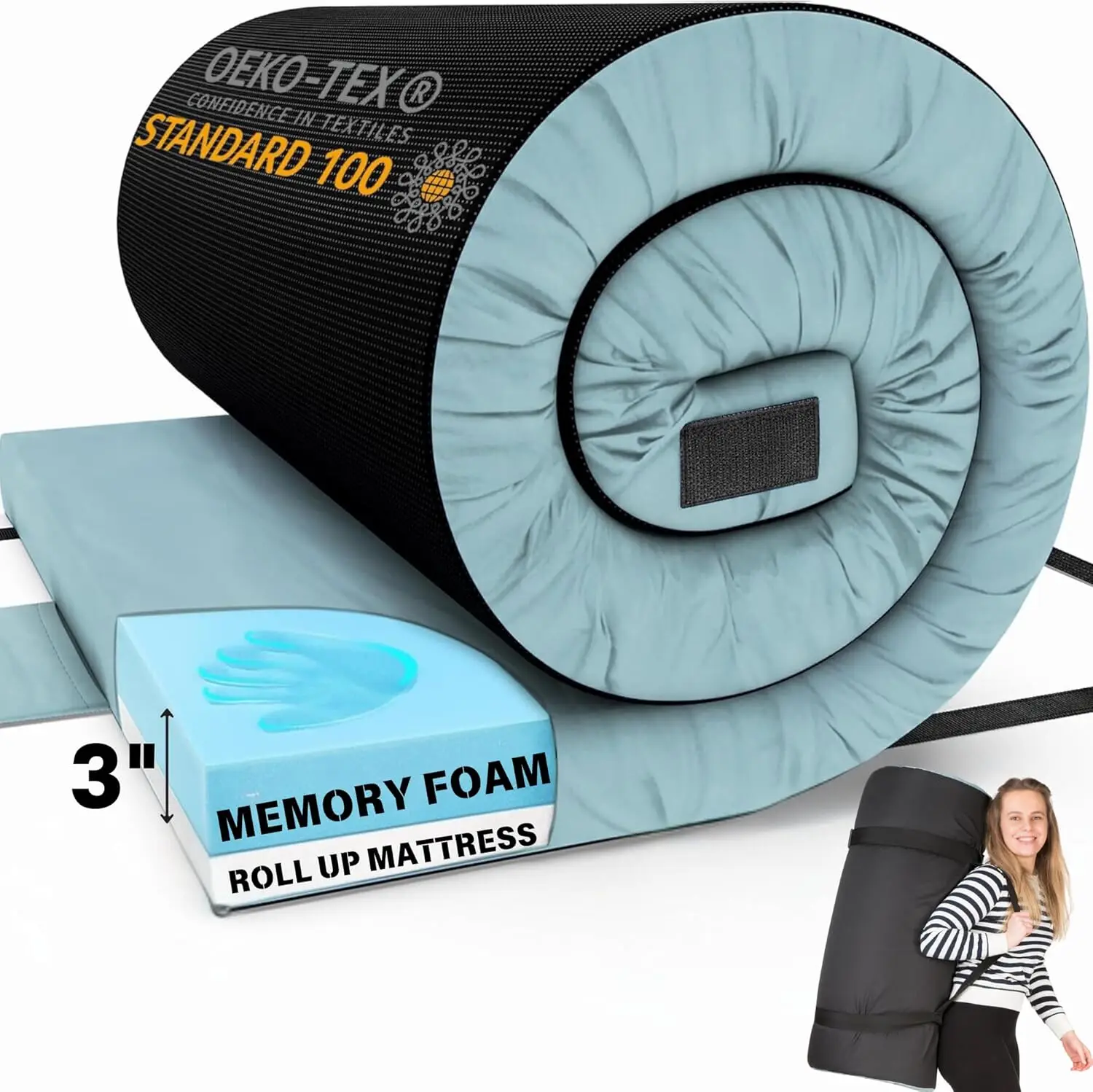 Memory Foam Camping Mattress Pad, CertiPUR-US Roll Up Mattress, Cot Mattress Pad, Guest Bed Roll for Sleepov