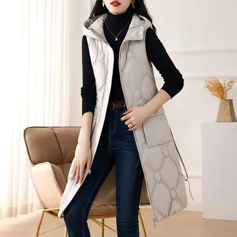 Autumn Winter Women Sleeveless Waistcoat Warm Puffer Jacket Ultra Light Mid Long Down Cotton Vest New Female Outwear Casual Tops