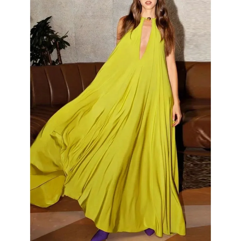 فساتين الشاطئ الخضراء من Krismile للنساء 2025 على شكل حرف a بدون أكمام بطيات مجوفة أنيقة لقضاء العطلات فستان طويل ملابس نسائية 182717