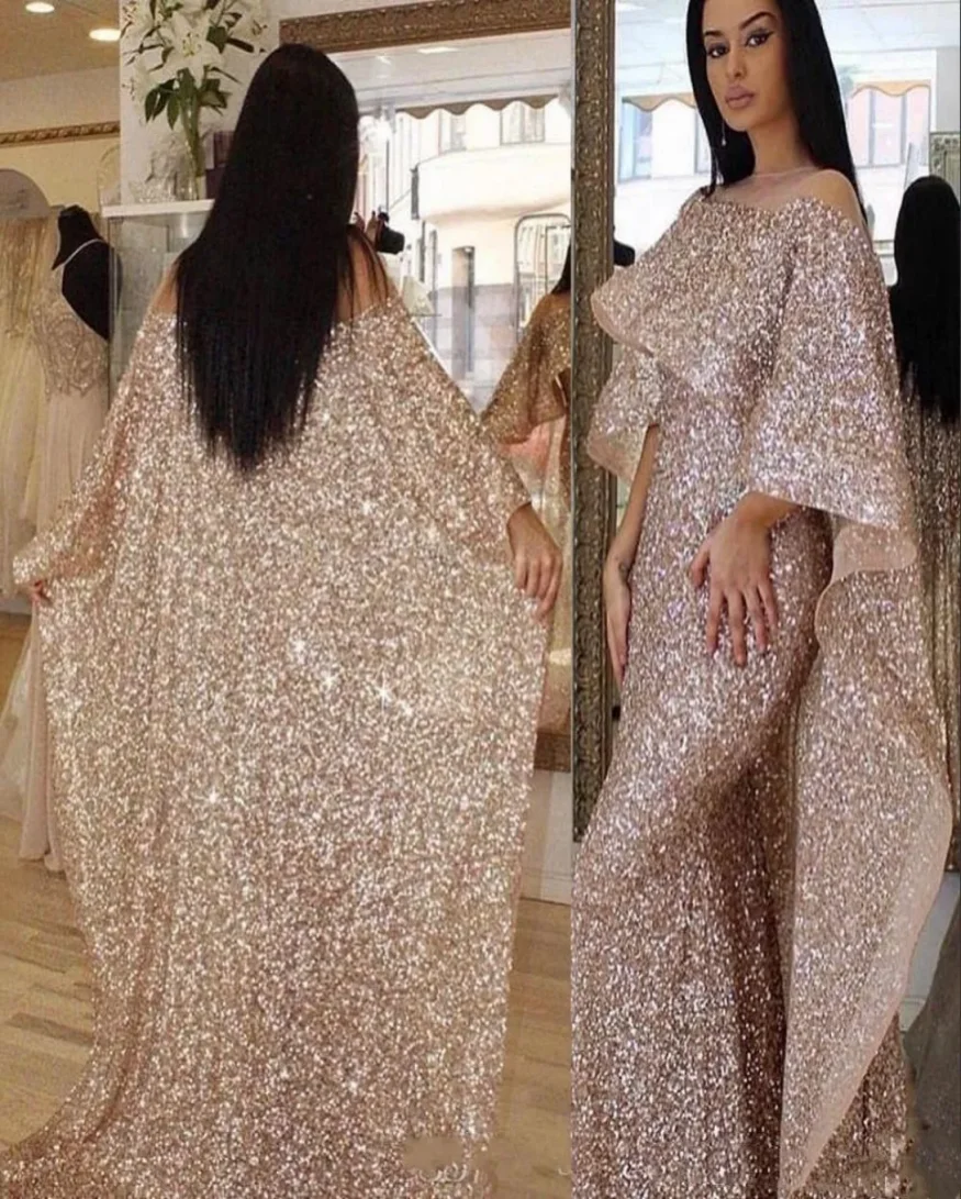 Elegant Arabic Rose Gold Mermaid Evening Dresses With Long Cape Wrap 2021 Glitter Sequined Women Formal Prom Party Gowns Sheer J