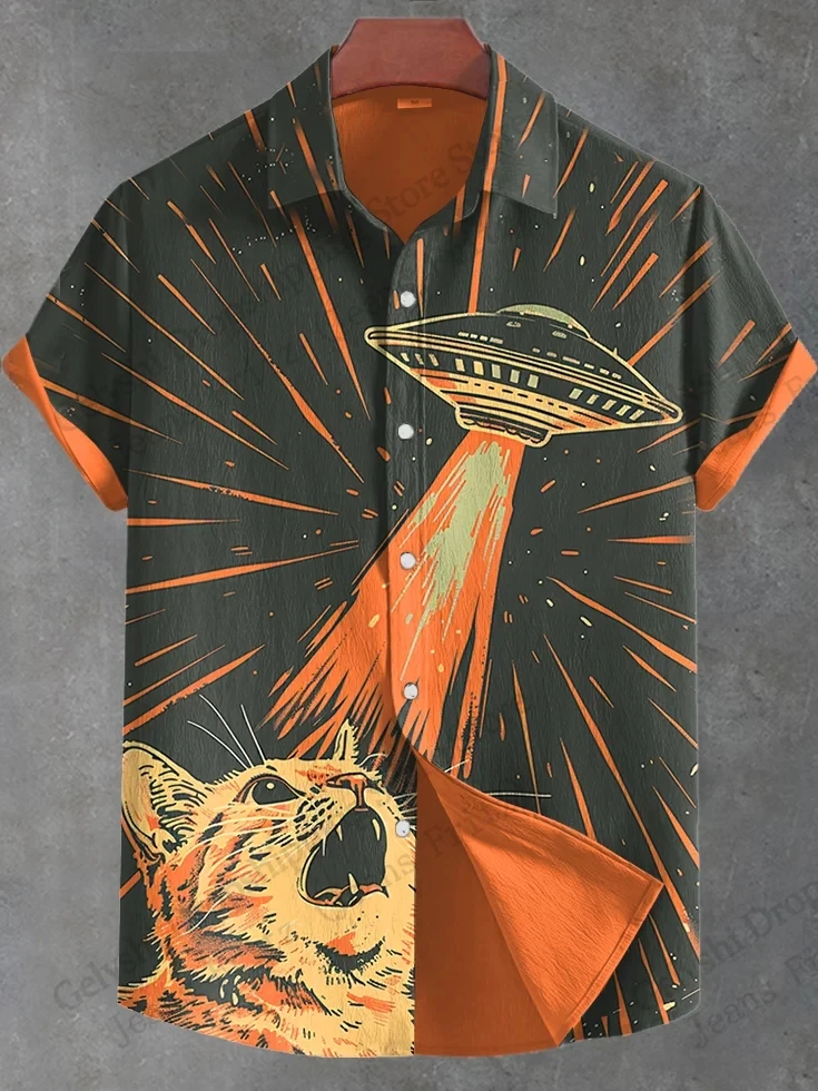 

Cat UFo Alien Pattern 3d Print Hawaiian Shirts Short Sleeve Vocation Beach Shirt Men Women Blouse Camisa Men Clothing Animal