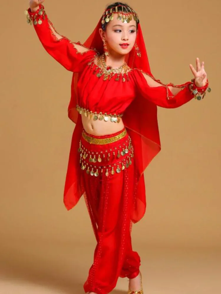 Costumi di danza orientale a maniche lunghe per ragazze a 4 colori per bambini vestito indiano con paillettes vestito da ballo Bollywood Performance sul palco