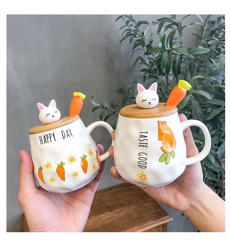 0276 Cartoon cup turnip rabbit cup wooden cover ceramic cup lovely with spoon water cup mug. Couple cup