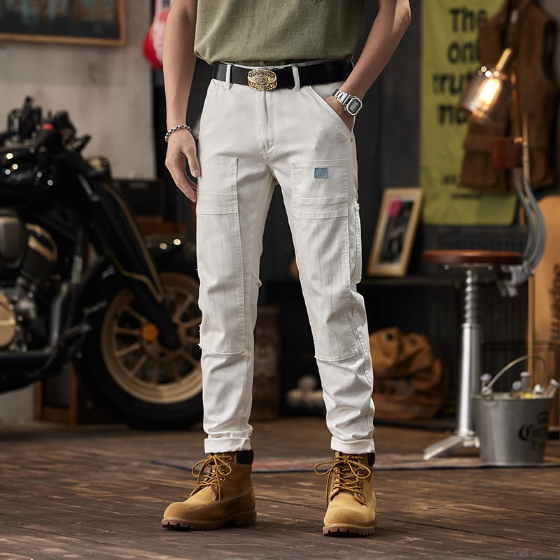 Calça apertada de tornozelo justa masculina, jeans branco para costura de motocicleta, elástico de alta qualidade, moda coreana