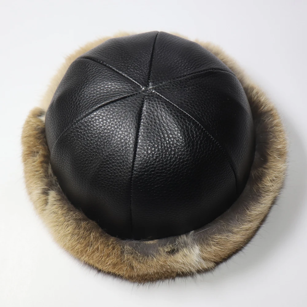 Hot Sale Women Winter 100% Real Rabbit Fur Hat Natural Warm Rabbit Fur Caps Unisex Genuine Cow Leather Hats