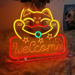 Cute Lucky Cat Neon Sign Magic Stick Anime Kawaii Hanging Led Light Home Bedroom Birthday Party Wall Decor Gifts