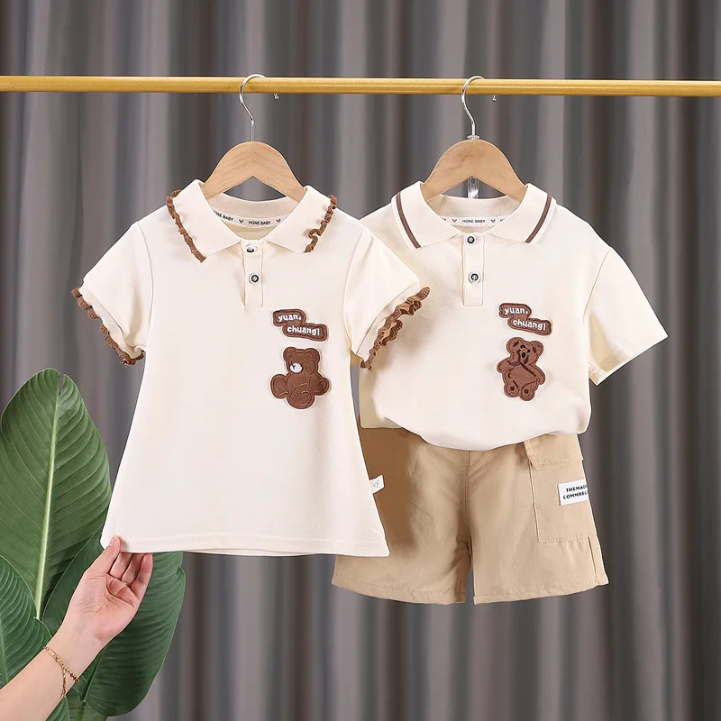Conjunto de Ropa para Hermanos de 0 a 5 Años, Camiseta de Verano con Dibujo Animado de Oso, Pantalones Cortos y Vestido, Ropa de Moda para Niños, Conjunto Polo