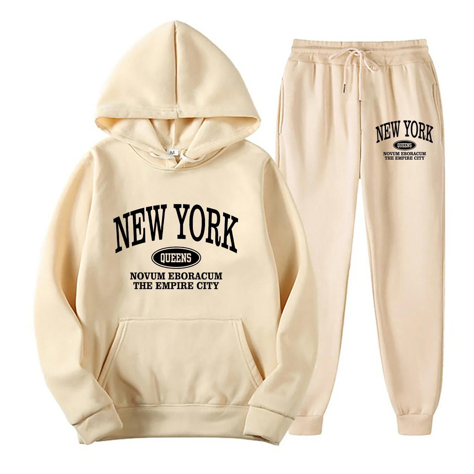 New York Print Two piece Set Casual Kangaroo Women\'s Casual Fashion Round Neck Sweatshirt, Solid Color Long Sleeves Sweatshirt,