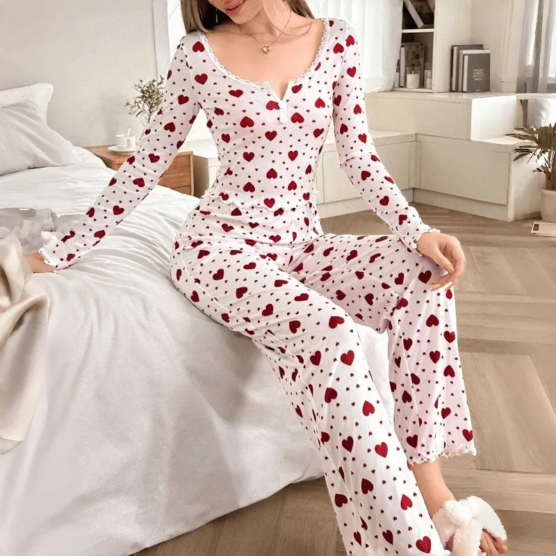 New Sleepwear Women Autumn Winter Pajamas Set Home Wear Heart-shaped Printed Long-sleeved Tops and Long-trousers Set