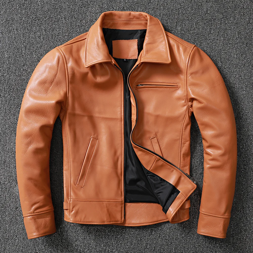 

Fashion Color Vegetable Tanned Cow Leather Coat Men's Top Layer 100% Cowhide Short Dovetail Leather Jacket Male Skin Clothes