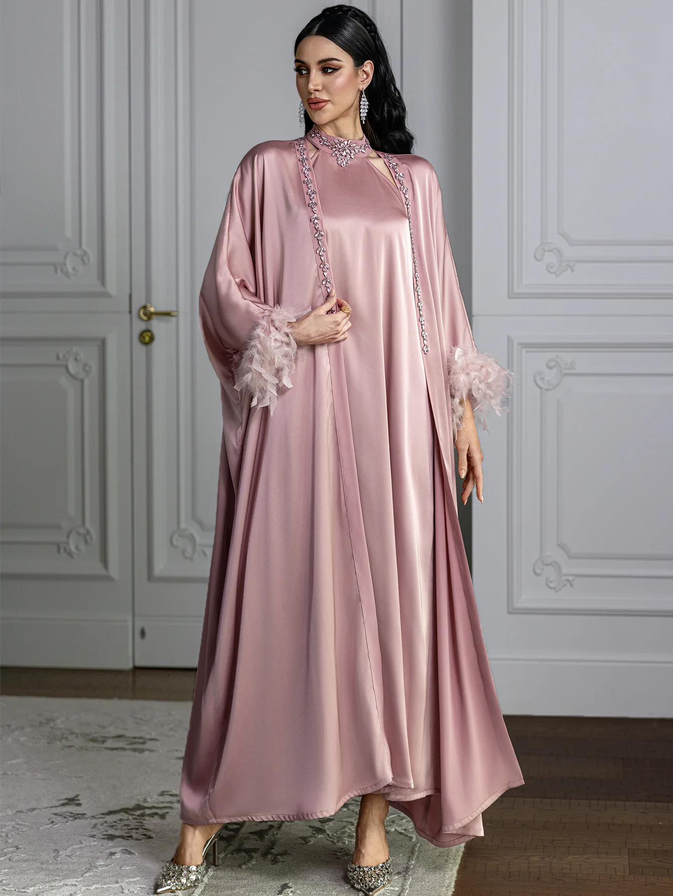 2PCS Feather Diamonds Abaya Dress Eid Muslim Sets for Women Dubai Kaftan Kebaya Kimono Cardigan Islam Jalabiya Caftan Femme Robe