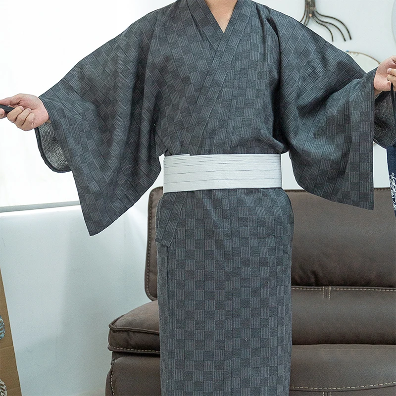 Men Traditional Japanese KIMONO Fashion YUKATA  Summer  Samurai Robe With Belt Pure Cotton Pajamas Set Male Sleepwear Bathrobe