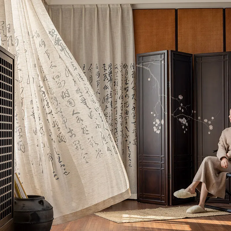 New Chinese Style Calligraphy Painting White Window Screen Curtains for Living Room Bedroom Study Partition Screen Bay Window