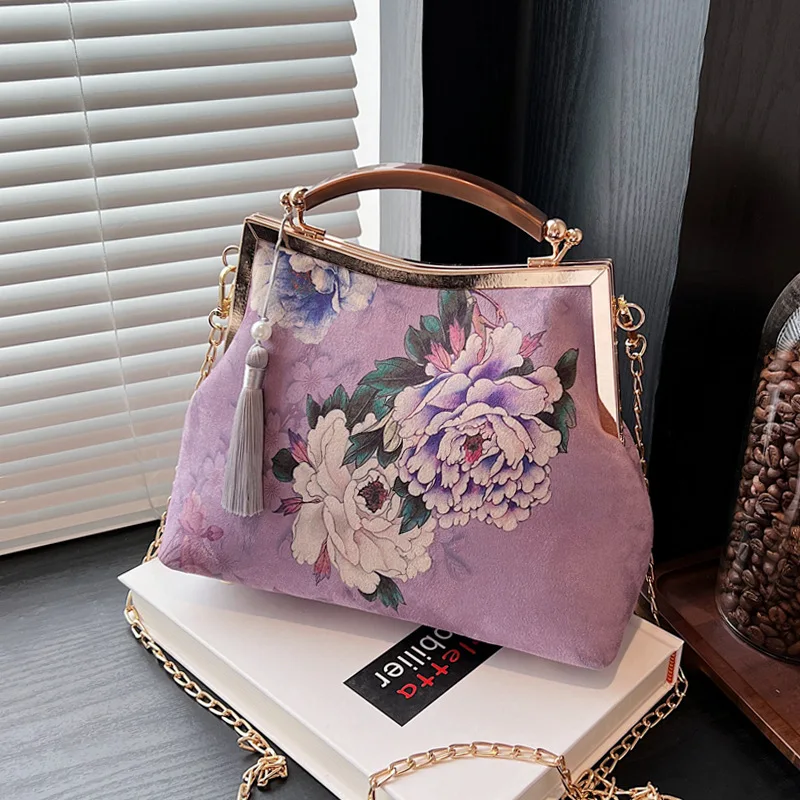 Vintage Chinese Style Evening Bags Purple Peony Print Ladies Handbags Clutches Gold Chain Shoulder Bag Wedding Party For Women