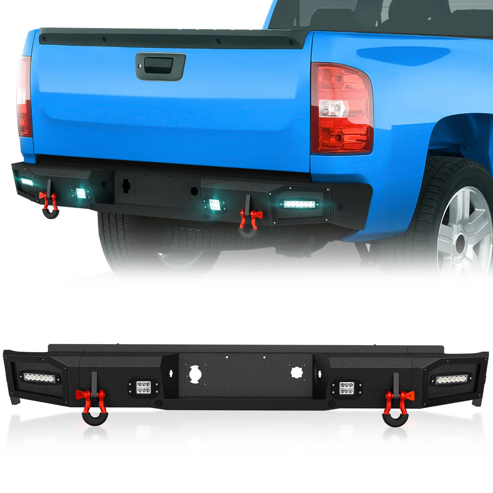 

Rear Step Bumper with LED Lights, Sensor Holes & D-rings for 2007-2013 Chevy Silverado 1500 & GMC Sierra 1500 Textured Black