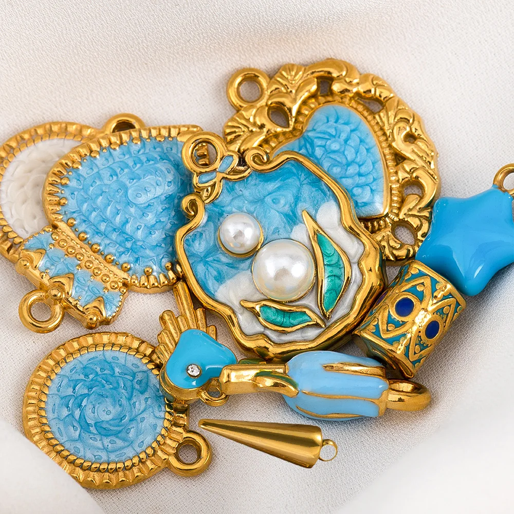 

2pcs Trend Stainless Steel Charms Blue Enamel Flower Heart Round Necklace Charm for DIY Earring Jewelry Making Pendant Component