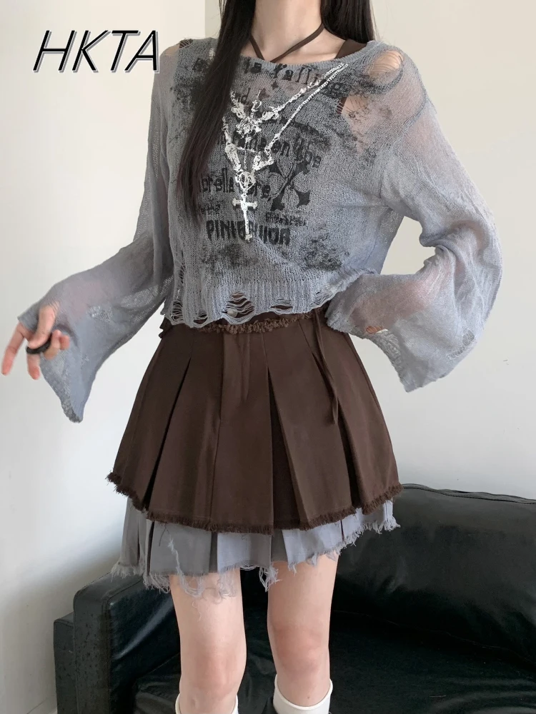 

2025 Autumn New Hollow Cool Summer Knitted Sweater Sexy Vest Irregular Pleated Short Skirt 3-piece Set Harajuku Mini Skirt Set
