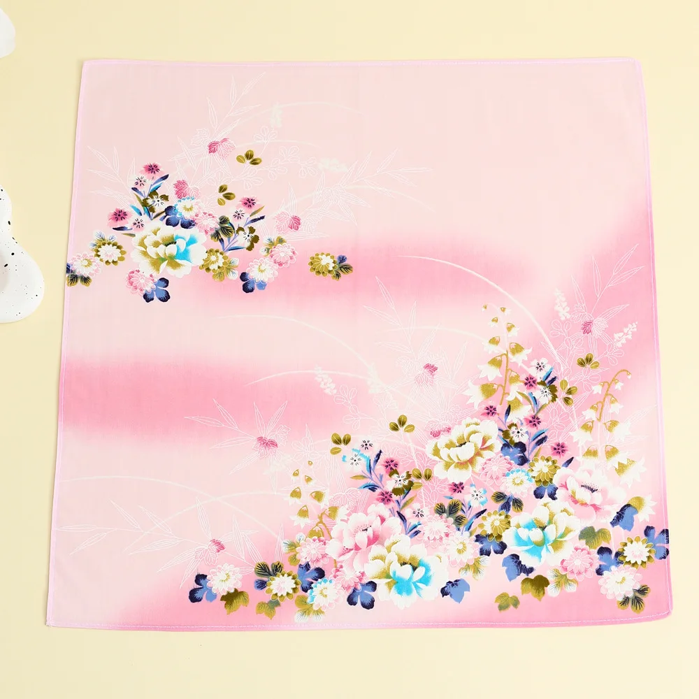 3 Buah Sapu Tangan Cetak Murni Wanita Katun Combed Syal Persegi Hadiah Tangan Korea Jepang Bunga Perubahan Bertahap 43*43Cm