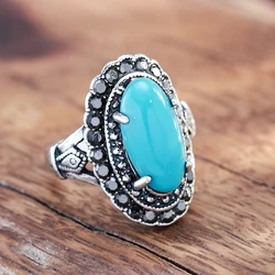 Wbmqda Hot Vintage Tibetan Silver Oval Blue Stone Big Ring For Women Grey Crystal Setting Punk Style Classic Creative Design