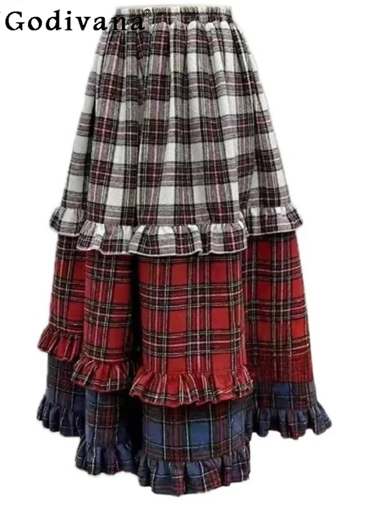 

Autumn Winter Plaid Contrasting Color A-line Elastic Waist Cake Skirt Girls Versatile Christmas Red Woolen Korean Long Skirts