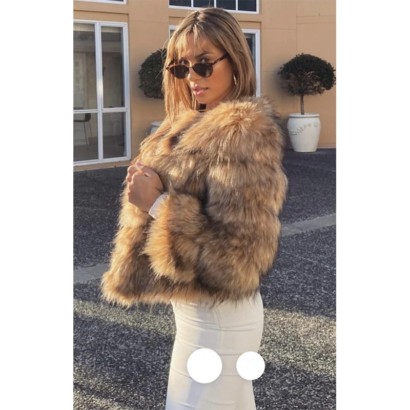 Women Fashion Faux Raccoon Fur Coat Luxury Short Furry Fur Top Jacket Women Winter Warm Plush Fluffy Fur Coats for Women