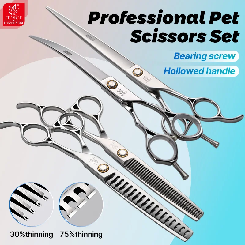 Fenice Professional 6.5/7.0/7.5/8.0 inch JP440C Pet Grooming Cutting Thinning Curved Shears Set Dog Groomer Tool Accesories