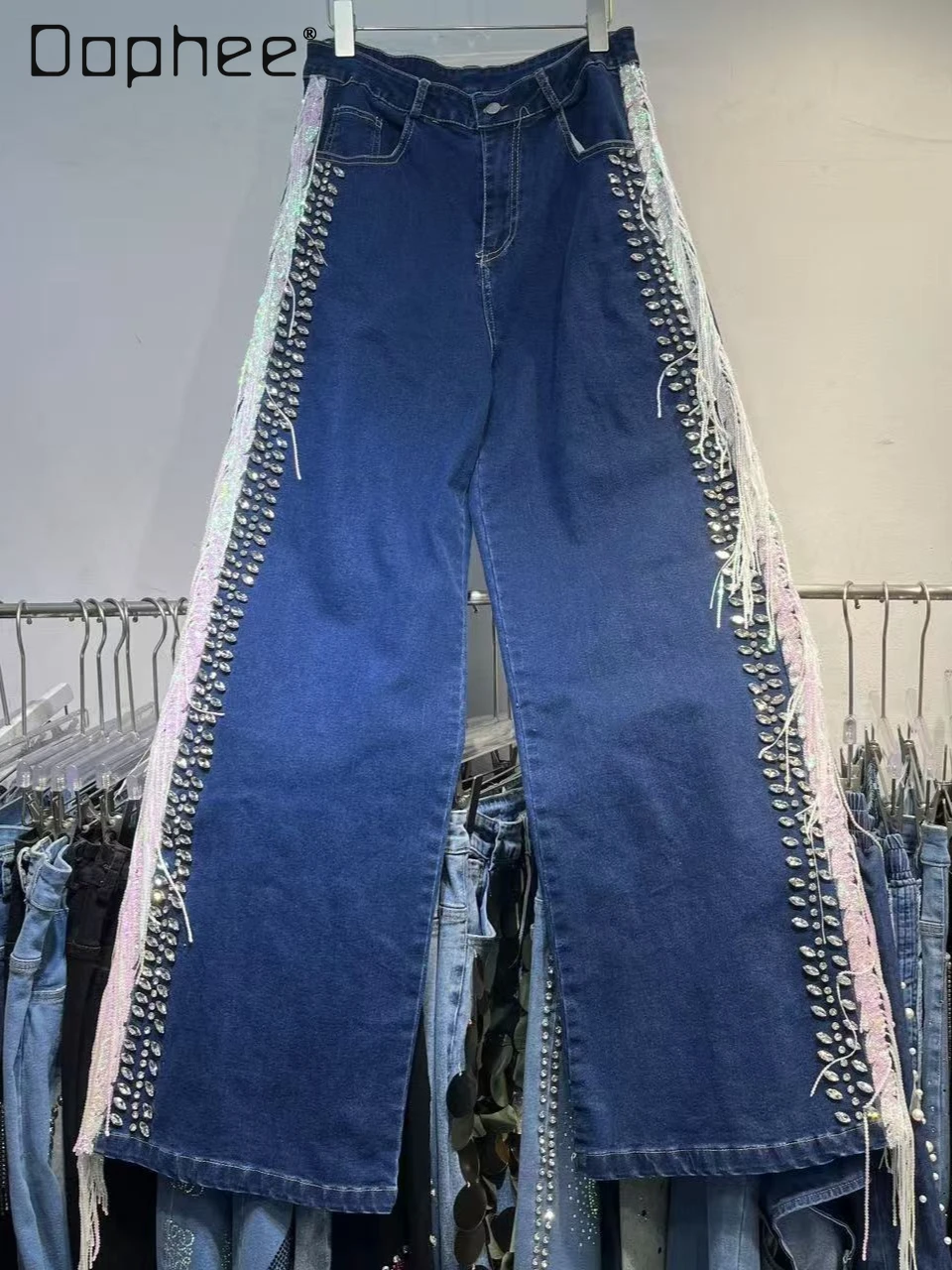 

Европейские уличные индивидуальные модные универсальные широкие джинсы с бисером и тяжелыми кисточками в стиле пэчворк, модные свободные тонкие длинные брюки для женщин