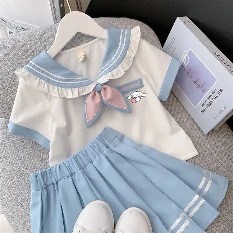 

Kawaii Sanrio Cinnamoroll My Melody Children Jk Skirt Set College Style Girls Summer Shirt Pleated Skirt Two Piece Set Girl Gift