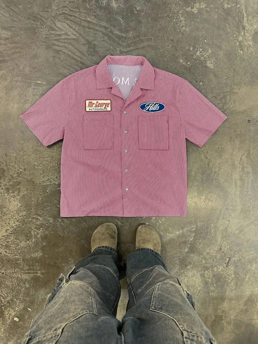 

Мужская розовая полосатая рубашка с коротким рукавом в рабочем стиле, повседневная летняя одежда