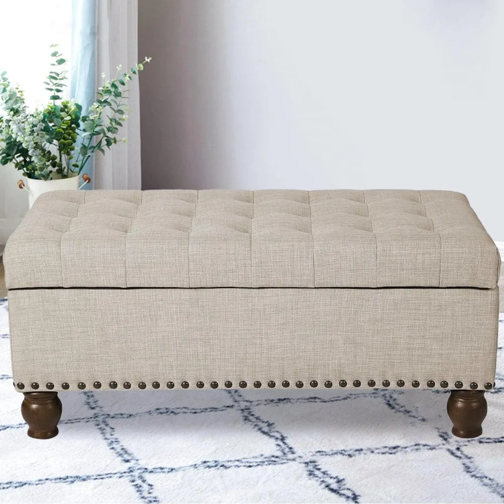 

Storage Ottoman Bench, 40'' Linen Fabric Rectangle Upholstered Bench with Hinged Lid for End Foot of Bed, Living Room, Bedroom,