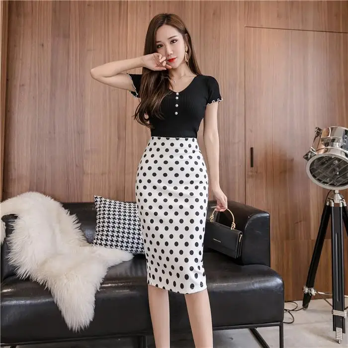 

Женская юбка-карандаш в горошек - облегающая юбка миди с высокой талией и разрезом