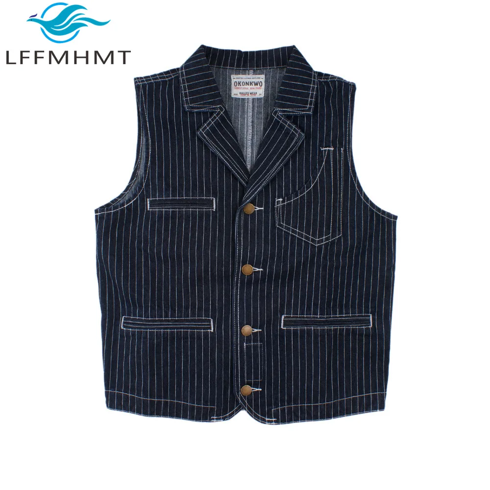 

Winter Fall Fashion Men's Striped Denim Vest Jacket Good Quality British Style Thicken Dense Sleeveless Vest with Multi Pockets
