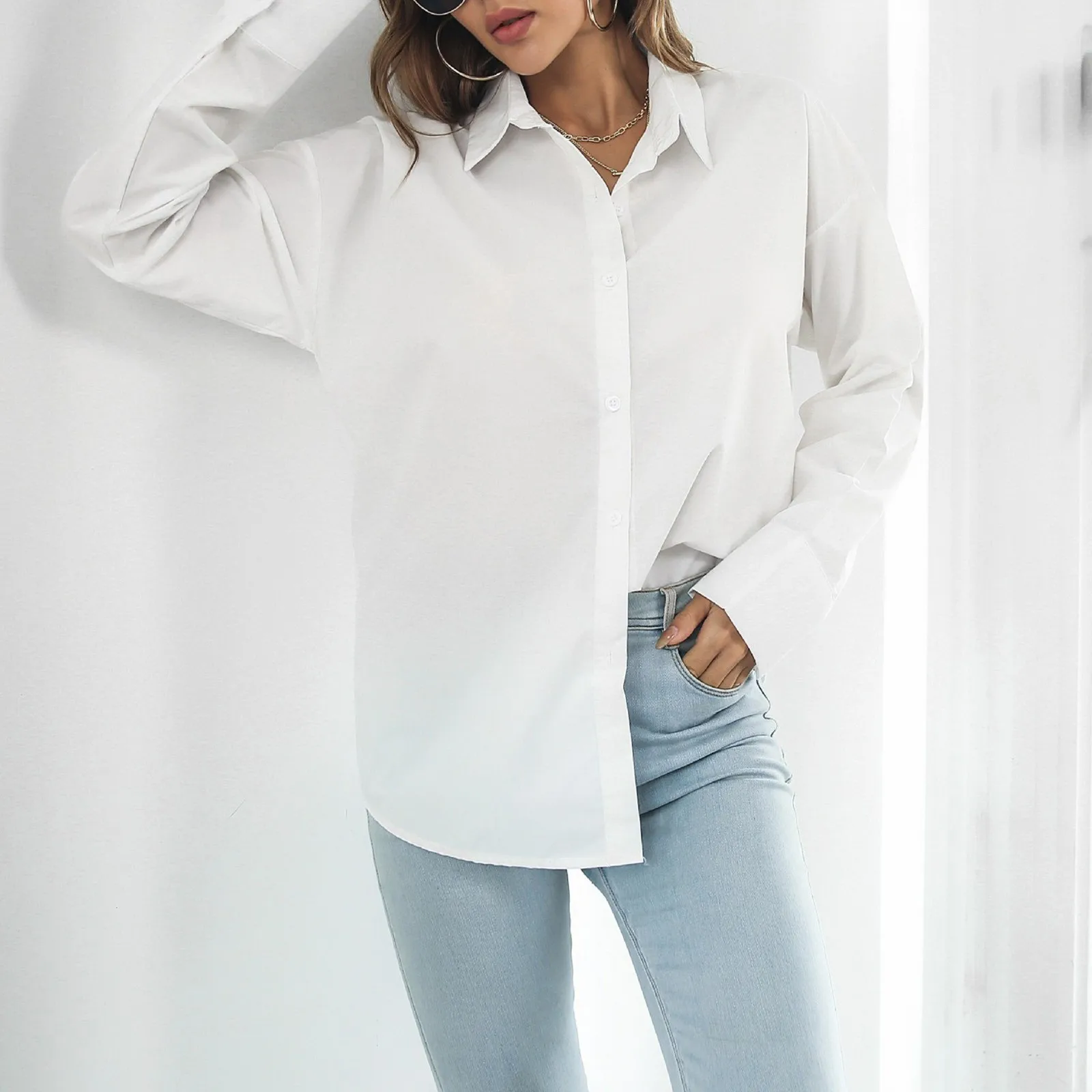 

Women's Autumn New Mid Length Solid Color Simplicity Shirt Ladies Loose Long Sleeve Turndown Collar Single Breasted Cardigan Top