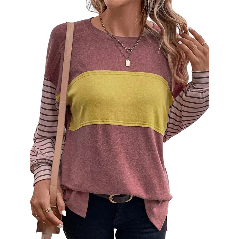 

【D75C】топы с длинными рукавами, большие размеры, 2025 г., модные повседневные женские рубашки с круглым вырезом и цветными блоками, блузки