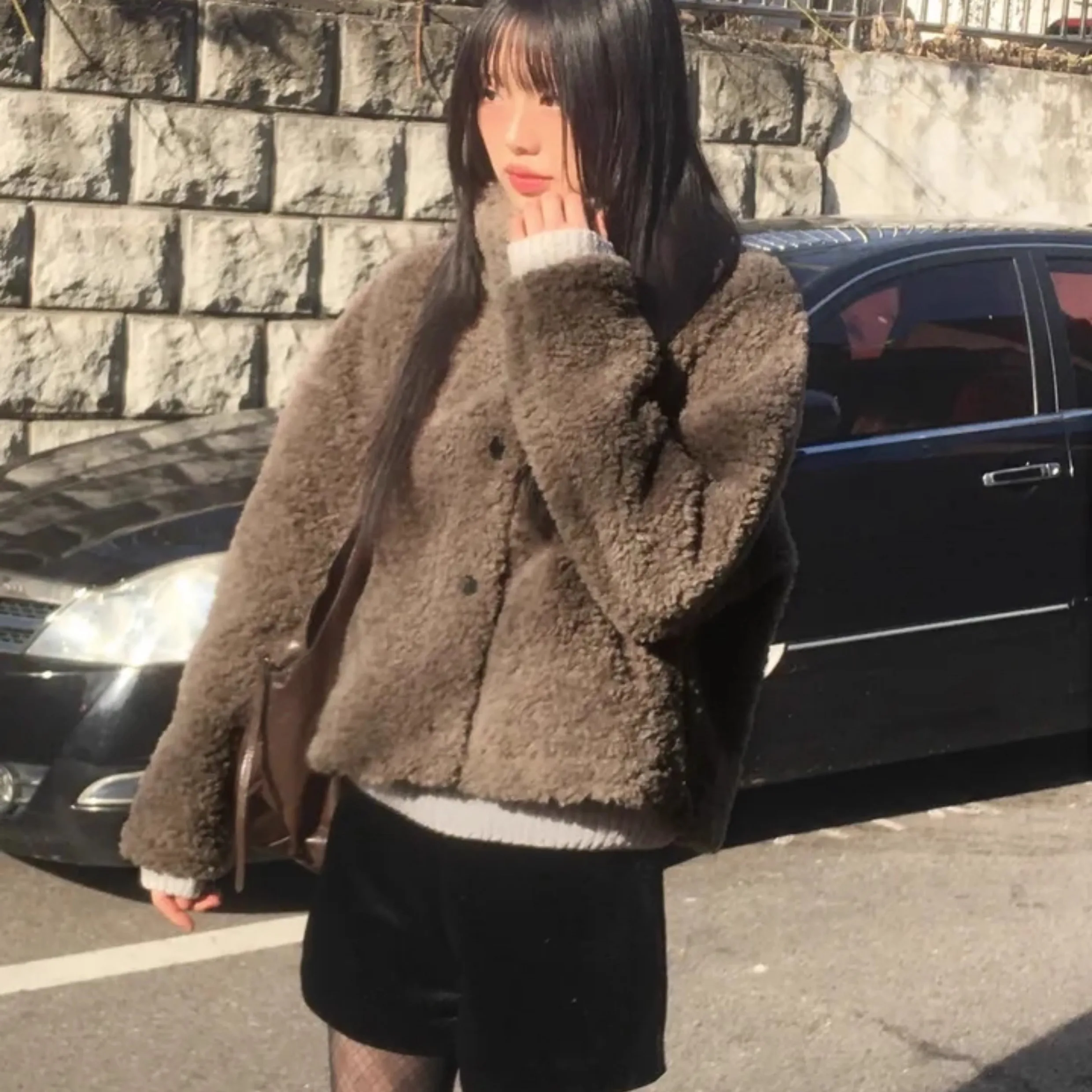 Korean Sle Women's Coat Warmthly Inteated eep Curly Hair Fur Thiened Upper Body Winter Faionable Versatile Retro