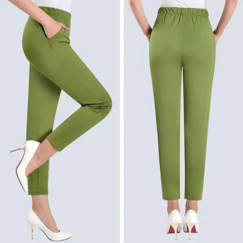 2025 Summer Pants Women Cropped Pant Casual Elastic High Waist Trousers Pockets Stretch Skinny Pant Office Female Clothes