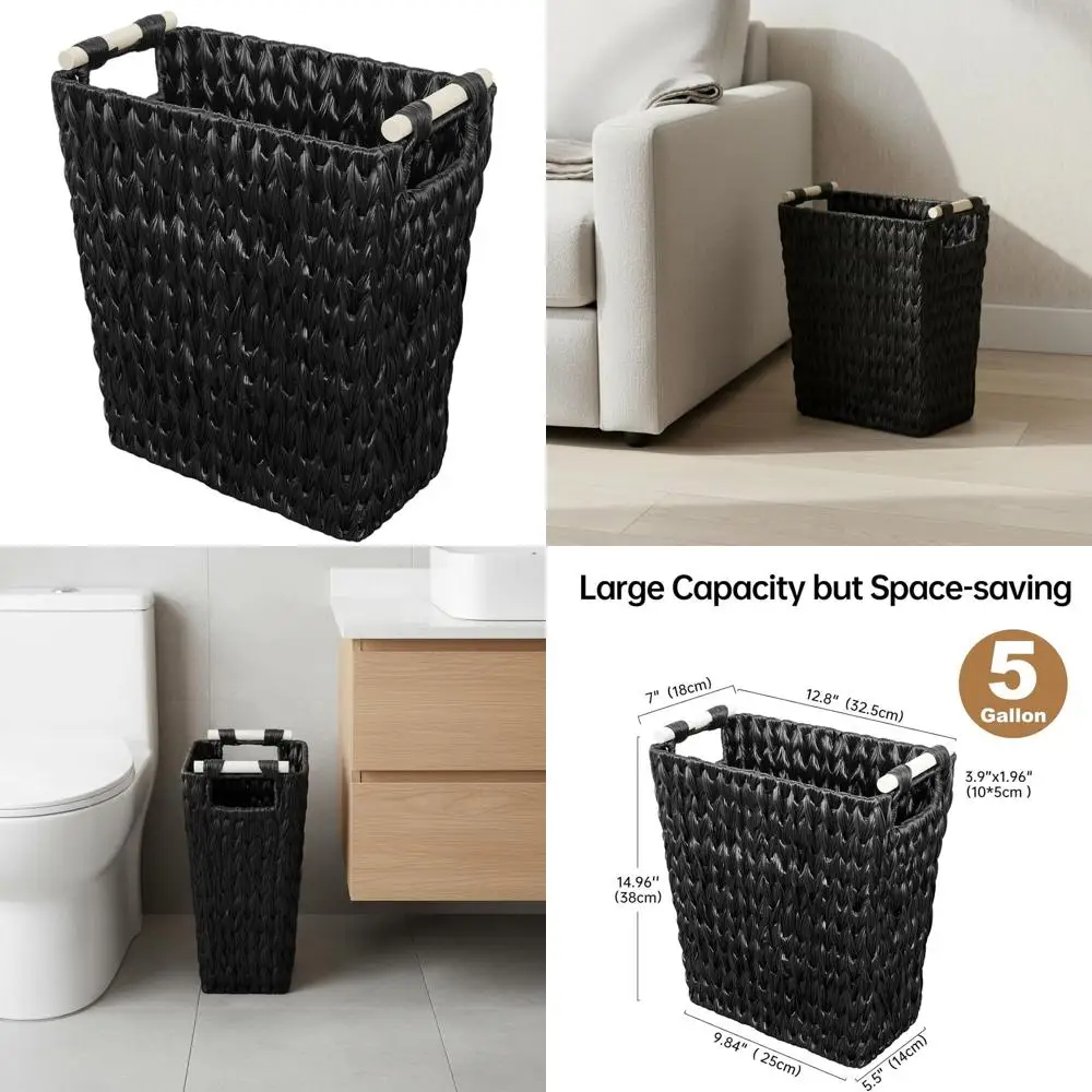 

5 Gallon Wooden-Handled Wicker Trash Bin for Home & Office Use